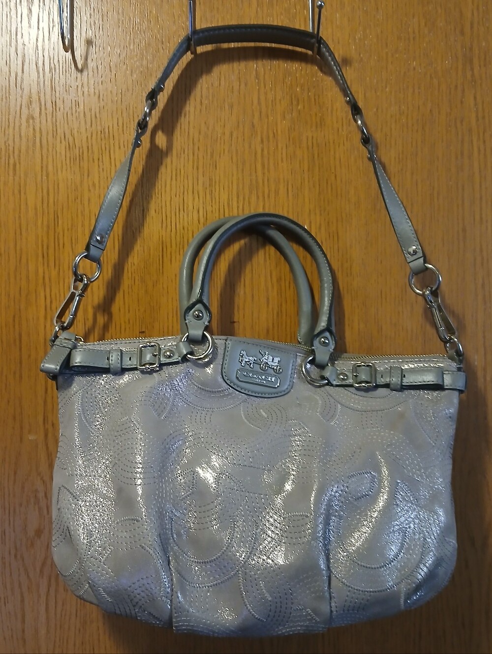 Coach Madison Sophia Stitched Op Art Metallic Gray Satchel